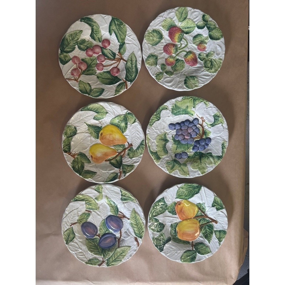 Embossed Italian Majolica Set of 6 Fruit Raised Relief Plates Made in Italy
